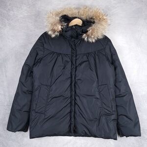 Lempelius Down Jacket Womens Large Blue Quilted Puffer Removable Fur Trim Hooded